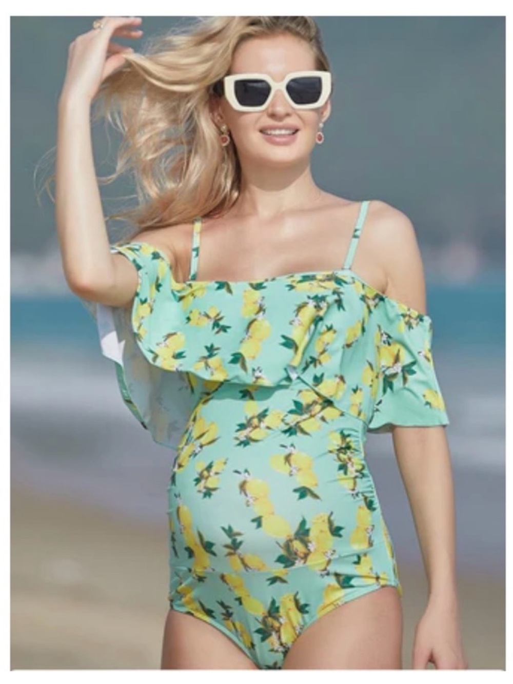 Lemon Print Off-Shoulder One-Piece Maternity Swimsuit